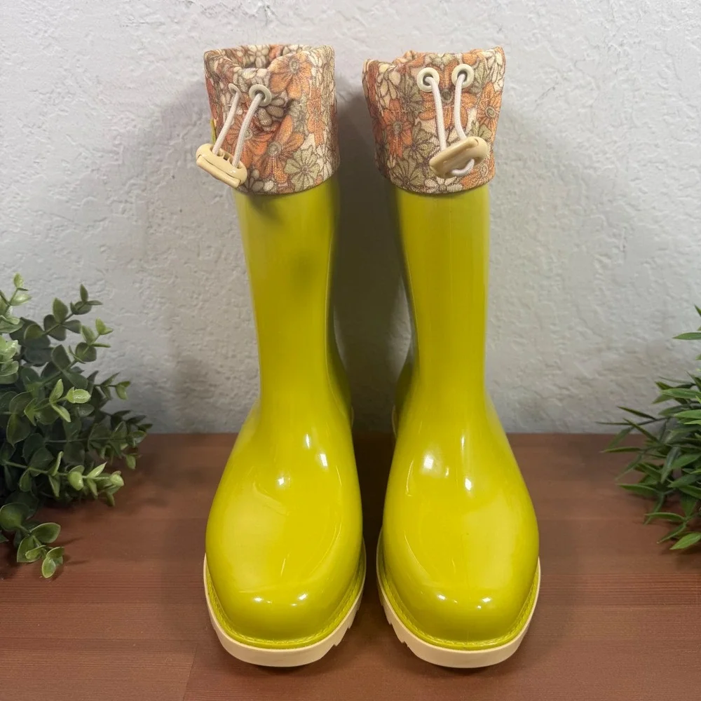 Mini Melissa Girls Rain Boot Green Yellow Floral Print Cuff Rain Boots Size 4